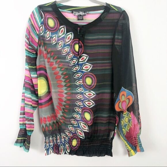 DESIGUAL | Colorful Sheer Top Elastic Waist Small - Picture 1 of 5